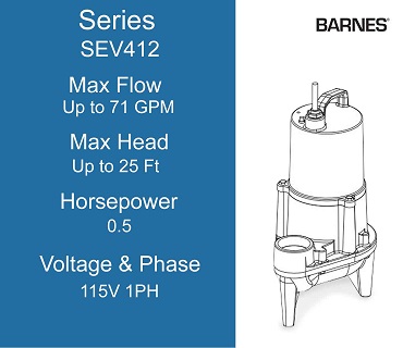 Barnes Sewage Ejectors, SEV412 Series, 0.5 Horsepower, 115 Volts 1 Phase